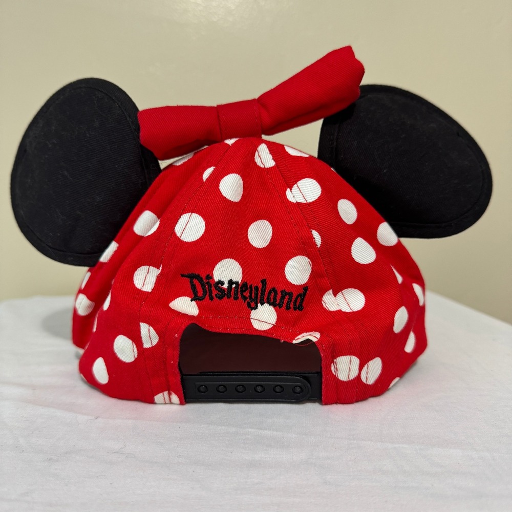 Disney Parks Minnie Mouse Polka Dot Snapback Hat Youth Red White Ears Bow Cap - Picture 5 of 7